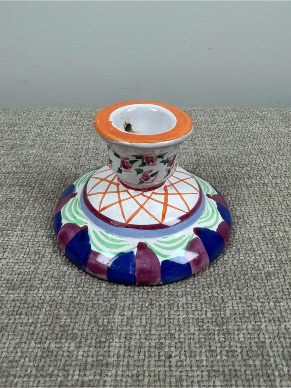 Vintage Handpainted Whimsical Taper Candle Stick Holder Ceramic Floral Whimsy
